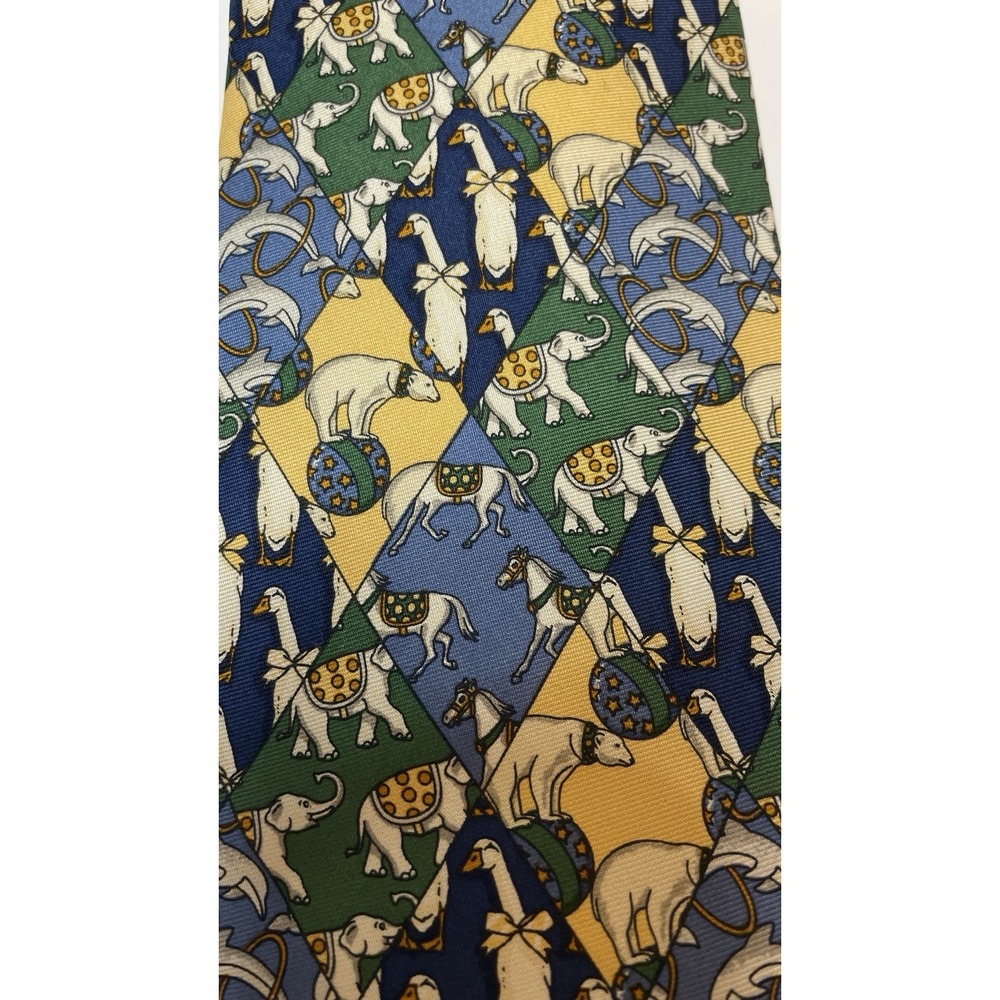 Brooks Brothers Tie Makers Silk Elephant, Goose, Polar Bear Yellow Blue Usa View 2